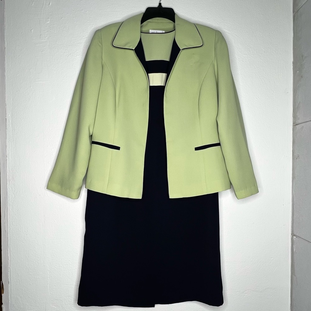 Ladies Business Suit Navy Blue and Lime Green